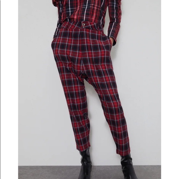 Zara Pants - NWT Zara High-Rise Red Plaid Trousers